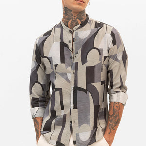 Beige Abstract Mandarin Shirt