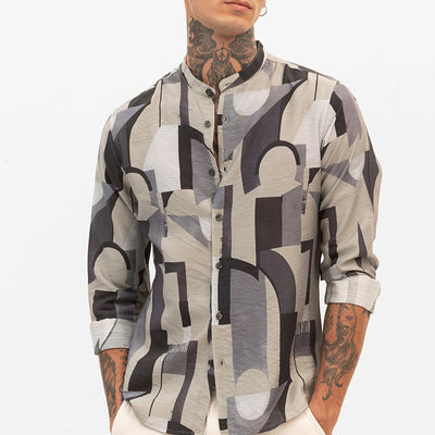 Beige Abstract Mandarin Shirt