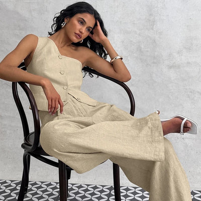 Boled Statement Vest Suit with Pants in Khaki
