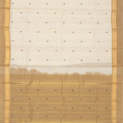 White Handloom Village Cotton Saree With Cross buttas in Red and Black