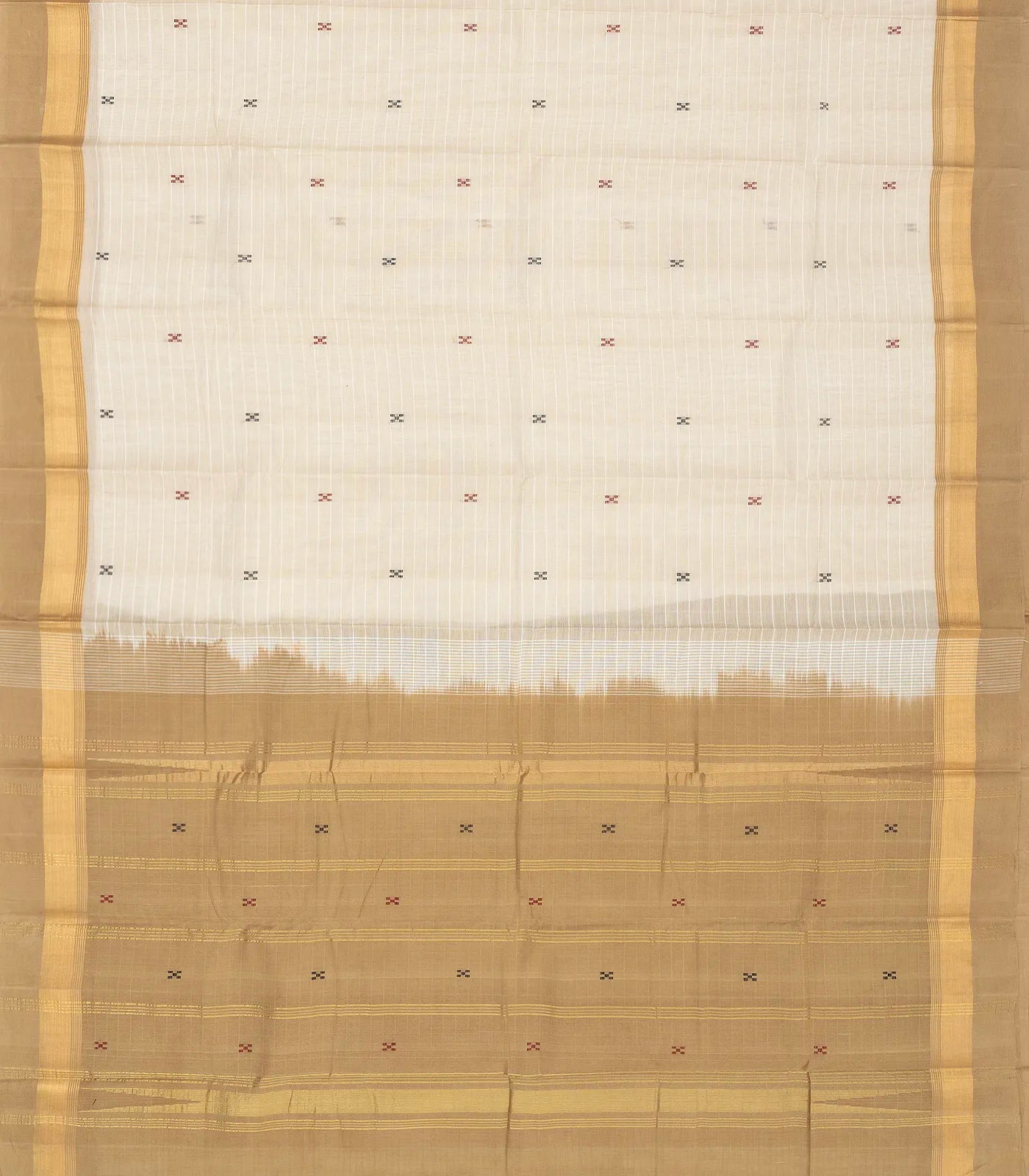 White Handloom Village Cotton Saree With Cross buttas in Red and Black