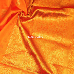 Orange Flower Motif Designer Pure Banarasi Katan Silk Saree