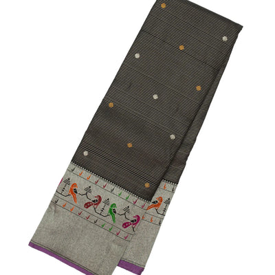 Black Handloom Kanchipuram Silk Saree With Zari Stripes & Buttas