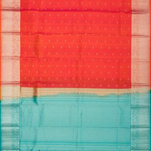 Dark Peach Silk Saree With Floral Motifs & Contrast Pallu