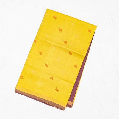 Lemon Yellow Handloom Uppada Silk Saree With Floral Buttas & Maroon Pallu