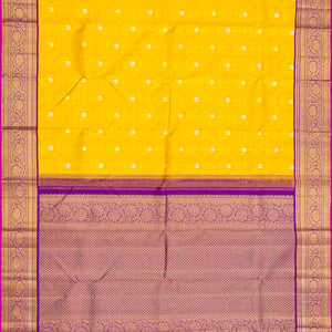 Yellow Handloom Kanchipuram Korvai Silk Saree With Floral Motifs & Contrast Magenta Border