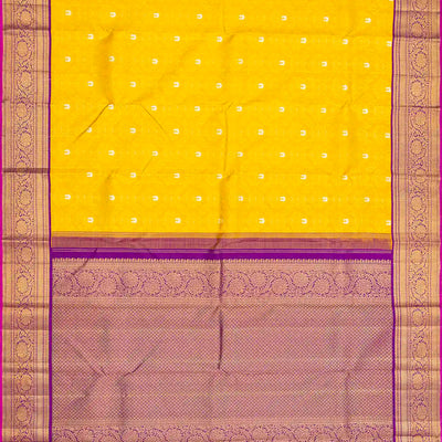 Yellow Handloom Kanchipuram Korvai Silk Saree With Floral Motifs & Contrast Magenta Border