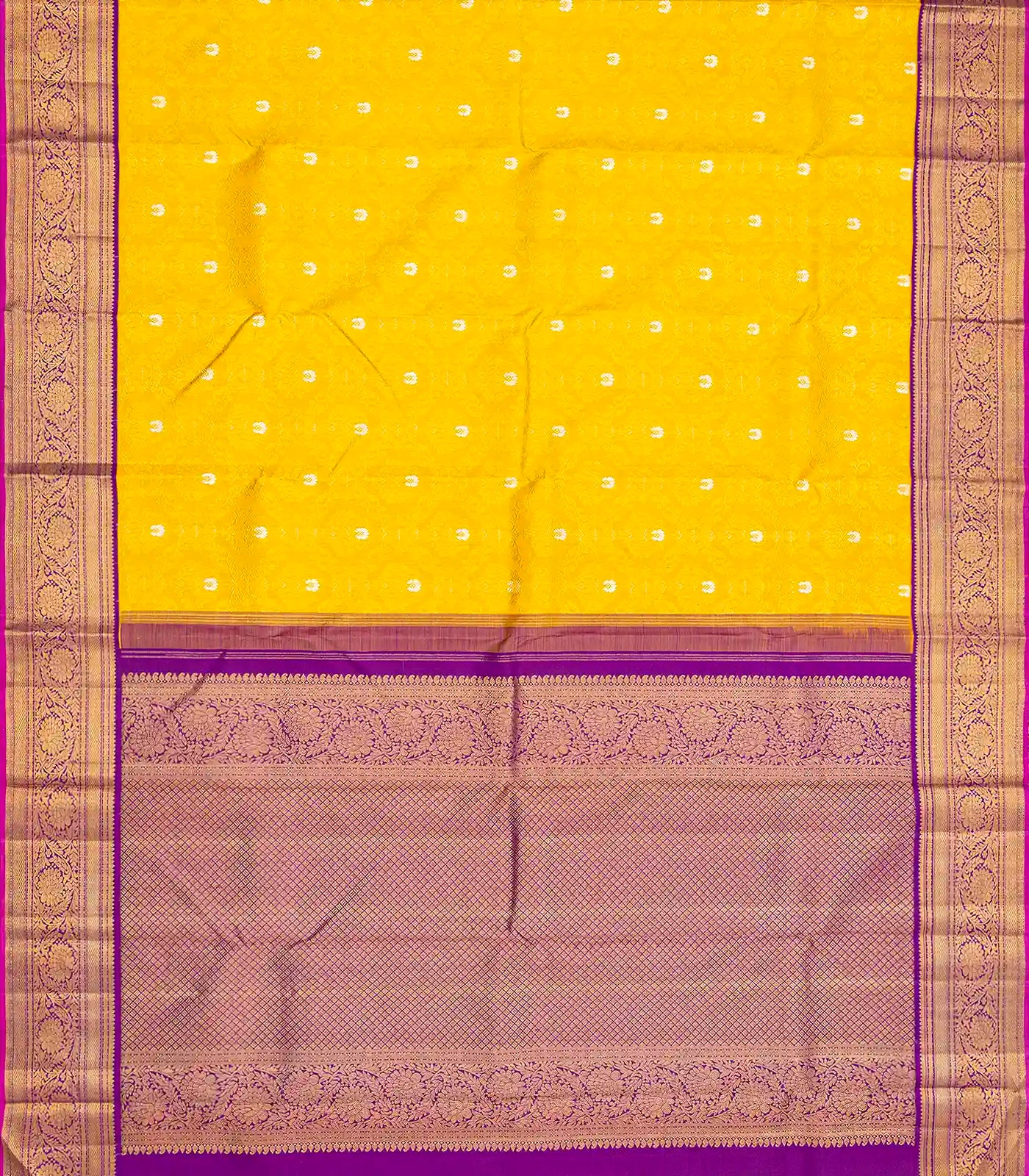 Yellow Handloom Kanchipuram Korvai Silk Saree With Floral Motifs & Contrast Magenta Border