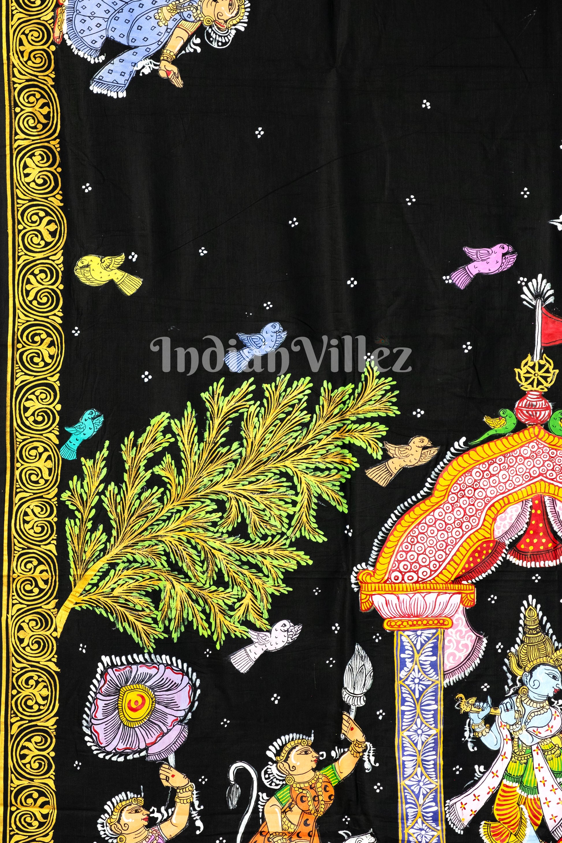 Black Radha Krishna Hand-Painted Pattachitra Saree (Pre Order)