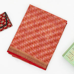 Red Handloom Tussar Silk Saree Printed With Check Motifs