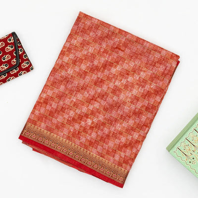 Red Handloom Tussar Silk Saree Printed With Check Motifs