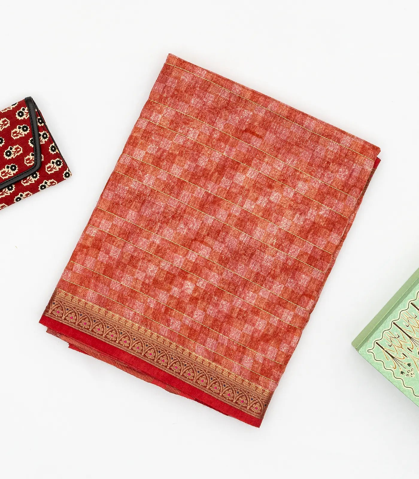 Red Handloom Tussar Silk Saree Printed With Check Motifs