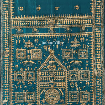 Pine Green Tribal Theme Hand-Painted Pattachitra Saree