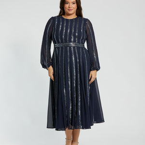 Mac Duggal 94001 Long Sleeve Plus Size Formal Sequin Midi Length Dress