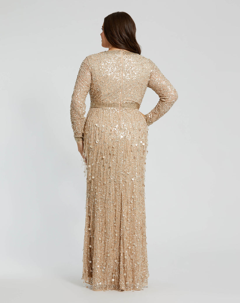Mac Duggal 94074 Plus Size Fringe Long Sleeve Formal Dress