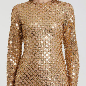 Mac Duggal 94123 Short Beaded Long Sleeve Fitted Midi Dress
