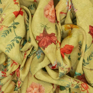 Pista Green Handloom Linen Saree With Printed Floral Motifs