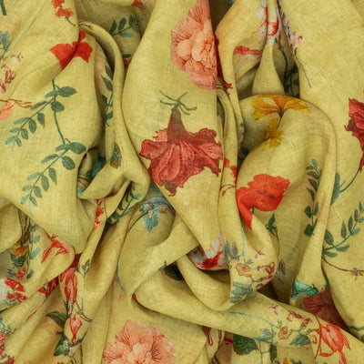 Pista Green Handloom Linen Saree With Printed Floral Motifs