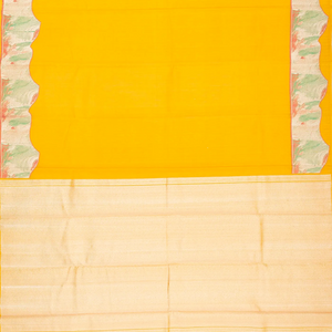 Mustard Handloom Plain Kanchipuram Silk Saree With Abstract Motifs In Border