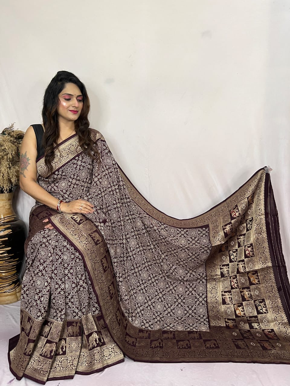 Dola Silk Authentic Hand Crafted Ajrakh Work Saree