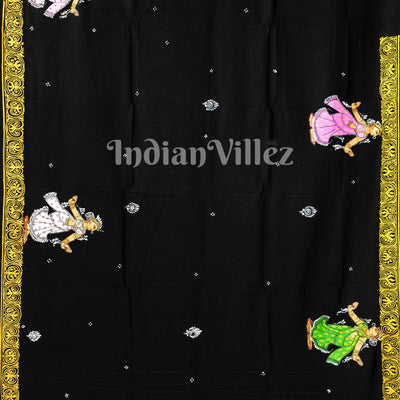 Black Radha Krishna Hand-Painted Pattachitra Saree (Pre Order)