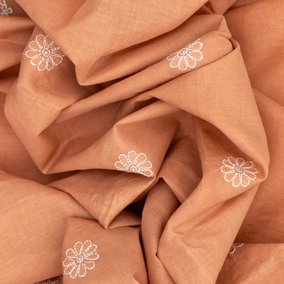 Dark Peach Chikankari Embroidered Cotton Saree With Floral Motifs