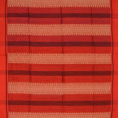 Rust Handwoven Tussar Silk Saree With Micro motifs & Stripes-Rust