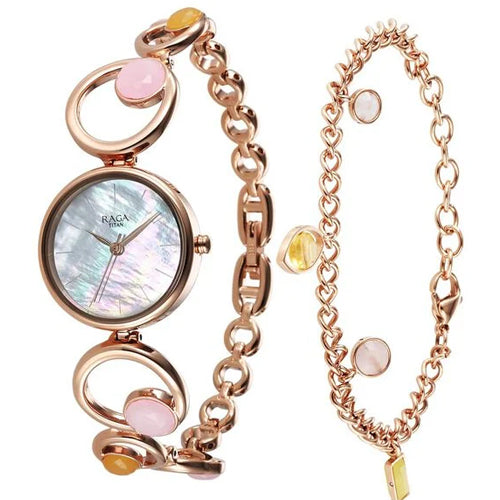 Titan Raga New You Quartz Analog Mother Of Pearl Citrine and Rose Quartz stones Strap for Women 26mm 95194WM01F