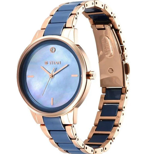 Titan Purple Ceramics Blue Dial Analog Steel and Ceramic Strap watch for Women 41mm 95213KD03