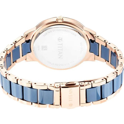 Titan Purple Ceramics Blue Dial Analog Steel and Ceramic Strap watch for Women 41mm 95213KD03