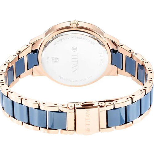 Titan Purple Ceramics Blue Dial Analog Steel and Ceramic Strap watch for Women 41mm 95213KD03
