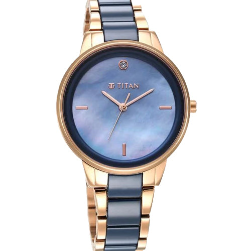 Titan Purple Ceramics Blue Dial Analog Steel and Ceramic Strap watch for Women 41mm 95213KD03