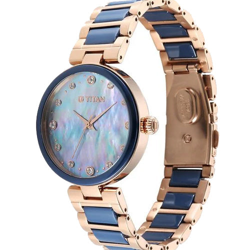 Titan Purple Ceramics Blue Dial Watch for Women 34mm 95214KD05