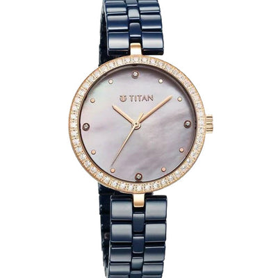 Titan Purple Ceramics Quartz Analog Mother of Pearl Dial Blue Ceramic Strap Watch For Women 34mm 95215KC03