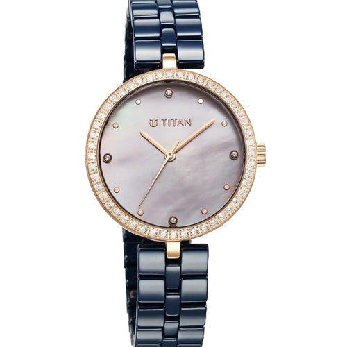 Titan Purple Ceramics Quartz Analog Mother of Pearl Dial Blue Ceramic Strap Watch For Women 34mm 95215KC03