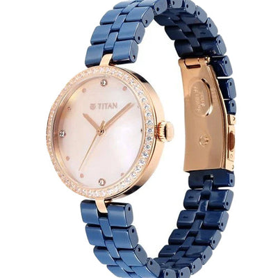 Titan Purple Ceramics Quartz Analog Mother of Pearl Dial Blue Ceramic Strap Watch For Women 34mm 95215KC03