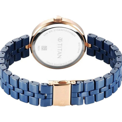 Titan Purple Ceramics Quartz Analog Mother of Pearl Dial Blue Ceramic Strap Watch For Women 34mm 95215KC03