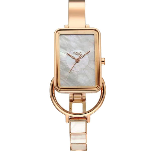 Titan Raga Power Pearls Quartz Analog Watch For Women With Mother of Pearl Dial Rose Gold Metal Strap 21mm 95223WM01F