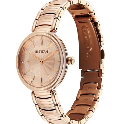 Titan Aura Quartz Analog Rose Gold Dial Rose Gold Stainless Steel Strap Watch for Women 34mm 95240WM01