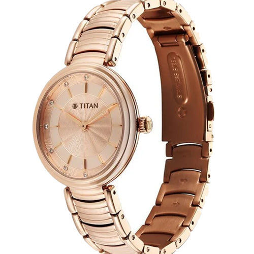 Titan Aura Quartz Analog Rose Gold Dial Rose Gold Stainless Steel Strap Watch for Women 34mm 95240WM01