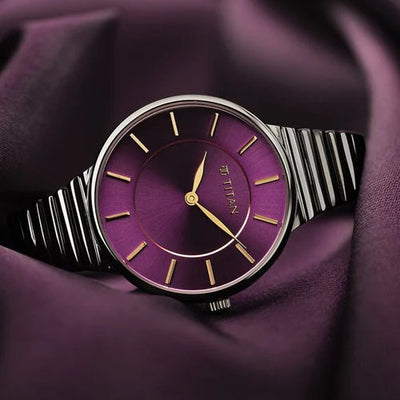 Titan Aura Quartz Analog Purple Dial Stainless Steel Strap Watch for Women 34mm 95245KM01