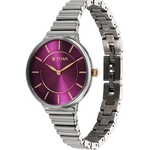 Titan Aura Quartz Analog Purple Dial Stainless Steel Strap Watch for Women 34mm 95245KM01