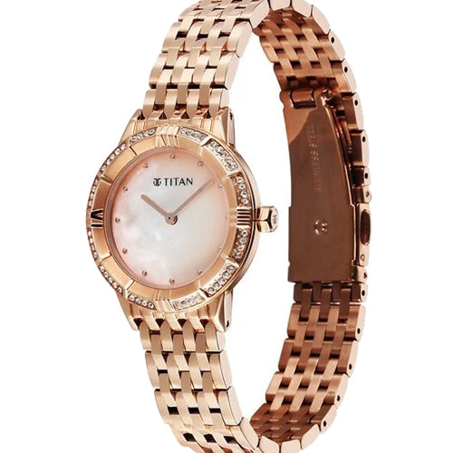 Titan Glamour Quartz Analog Mother Of Pearl Dial Rose Gold Stainless Steel Strap Watch For Women 30.5mm 95316WM01