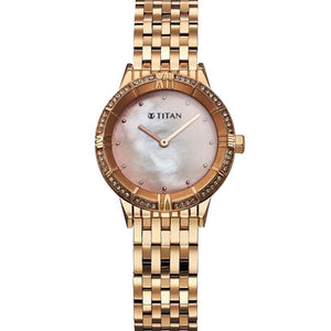 Titan Glamour Quartz Analog Mother Of Pearl Dial Rose Gold Stainless Steel Strap Watch For Women 30.5mm 95316WM01