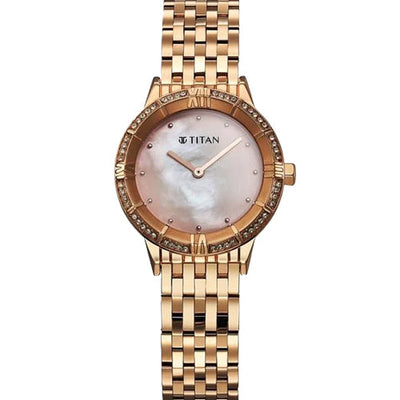 Titan Glamour Quartz Analog Mother Of Pearl Dial Rose Gold Stainless Steel Strap Watch For Women 30.5mm 95316WM01