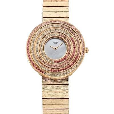 Titan Raga Glimmers Quartz Analog Mother of Pearl Dial Rose Gold Metal Strap Watch For Women 34.7mm 95344WM01F