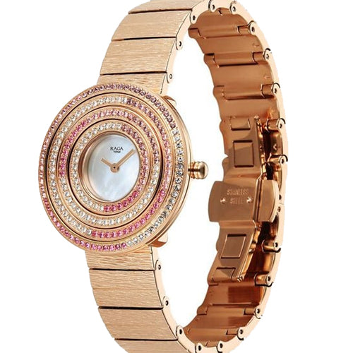 Titan Raga Glimmers Quartz Analog Mother of Pearl Dial Rose Gold Metal Strap Watch For Women 34.7mm 95344WM01F