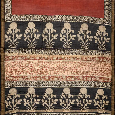 Rust Handloom Chanderi Cotton Saree With Printed Floral Motifs