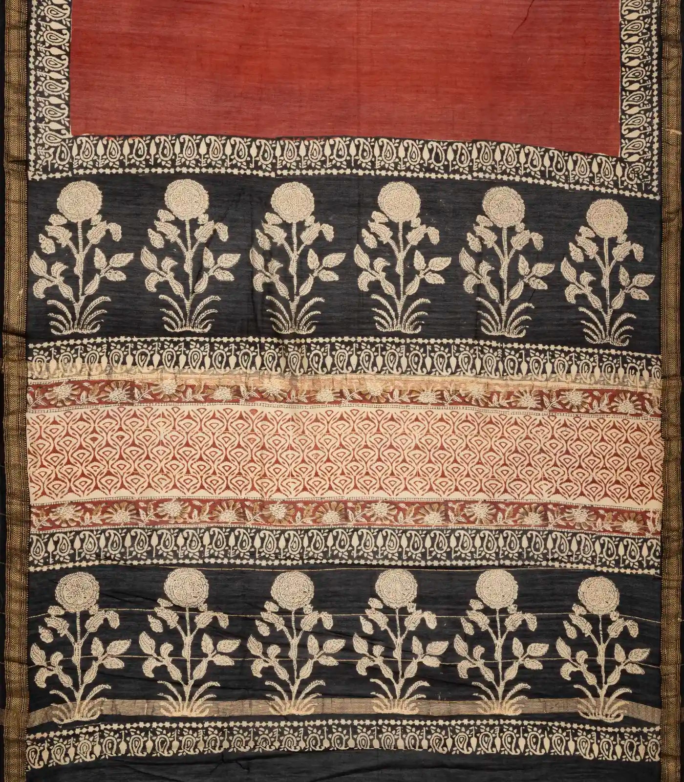 Rust Handloom Chanderi Cotton Saree With Printed Floral Motifs