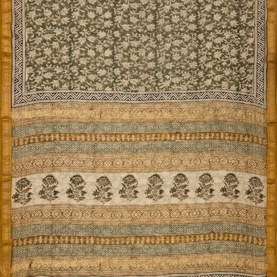 Green Handloom Chanderi Cotton Saree With Printed Floral Motifs